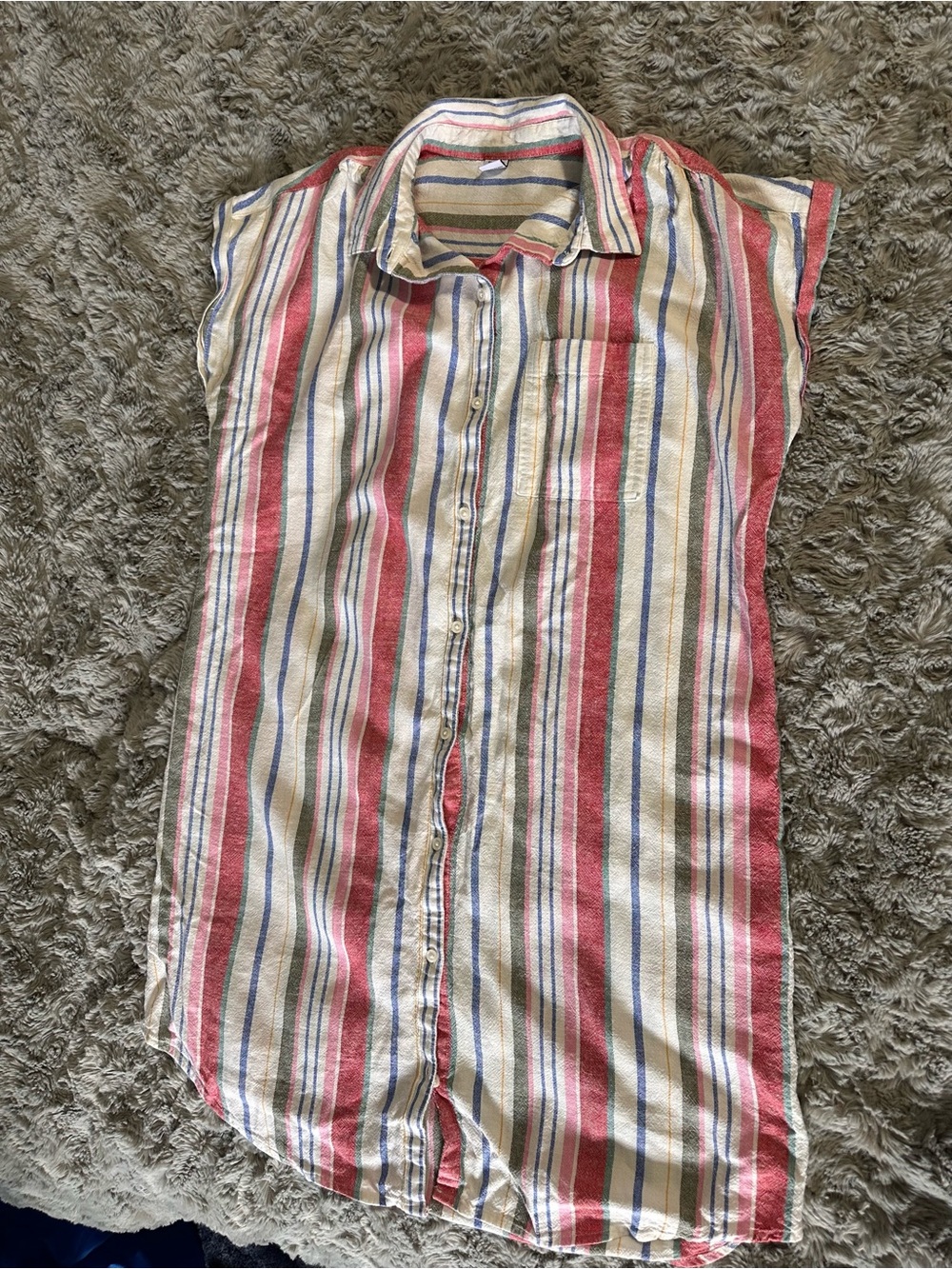 Old Navy Red, Blue, Olive and Cream Striped Short-Sleeve Button-Down